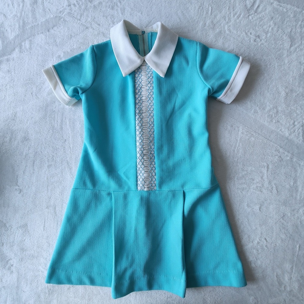 Vintage 70s Mod Waffle Knit Dress Blue White Dagger Collar Star Zipper Girls 10